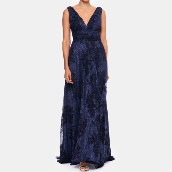Betsy & Adam - Flock Floral Metallic Crinkle Gown - Picture 1 of 13